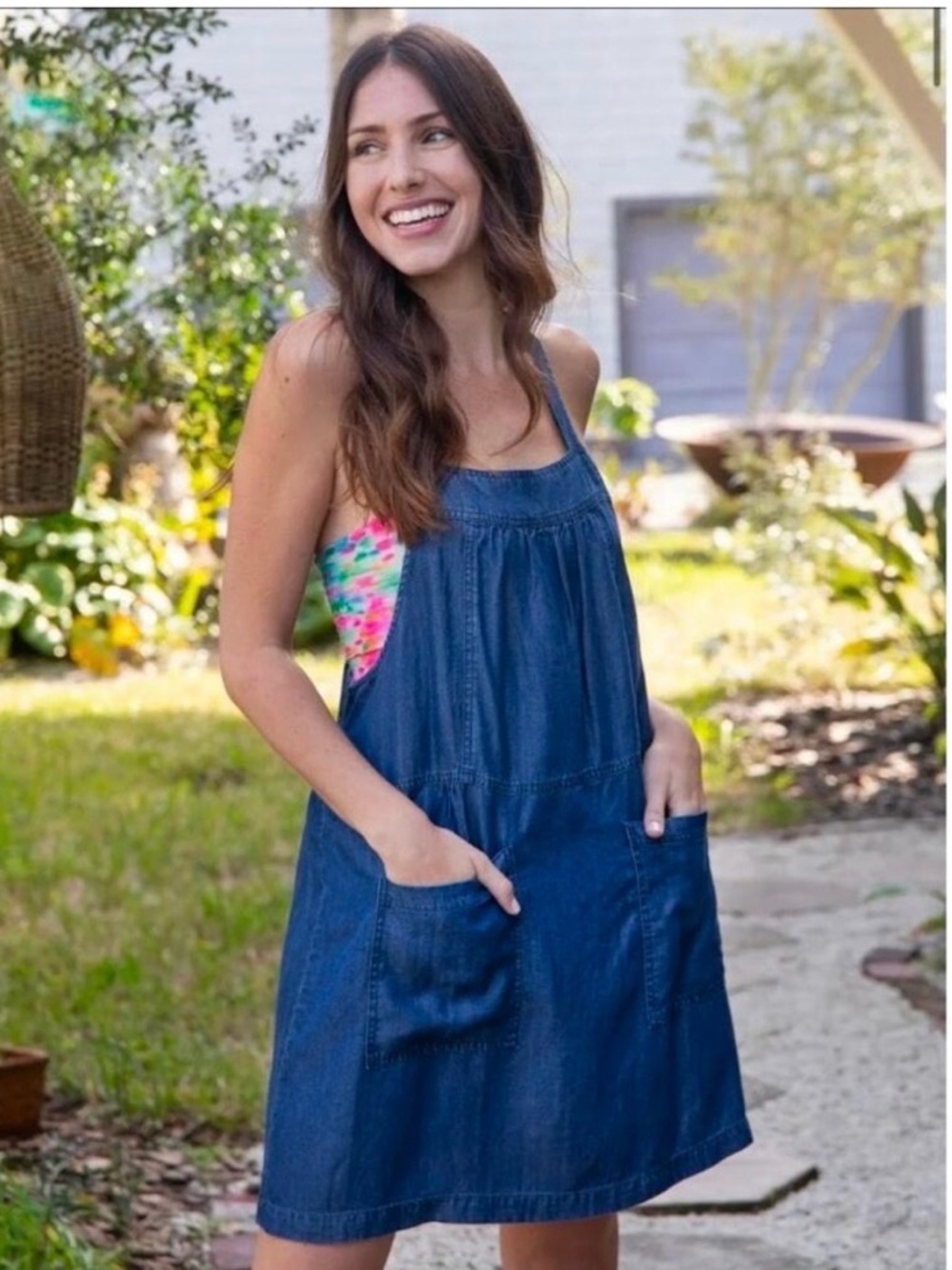 NATURAL LIFE Dakota tie back dress denim blue front pockets overall. MEDIUM- NWT